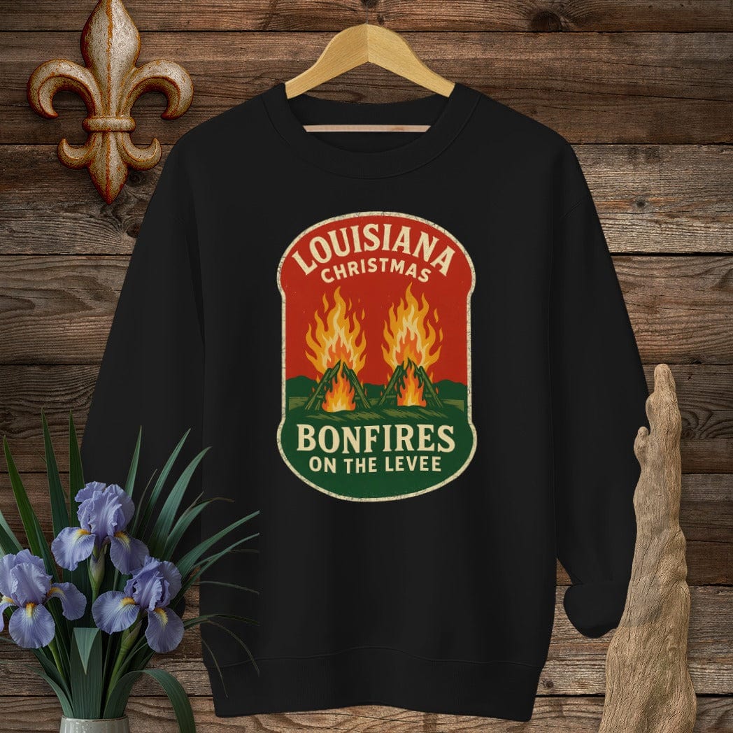 S / Black Louisiana Bonfires on the Levee Christmas Sweatshirt by Laissez Faire Wear
