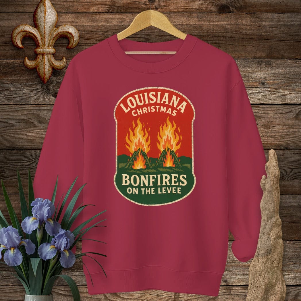 S / Cardinal Red Louisiana Bonfires on the Levee Christmas Sweatshirt by Laissez Faire Wear