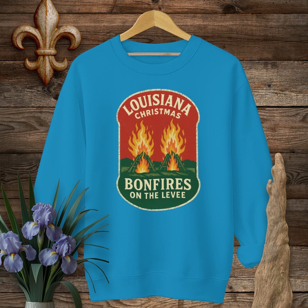 S / Sapphire Louisiana Bonfires on the Levee Christmas Sweatshirt by Laissez Faire Wear