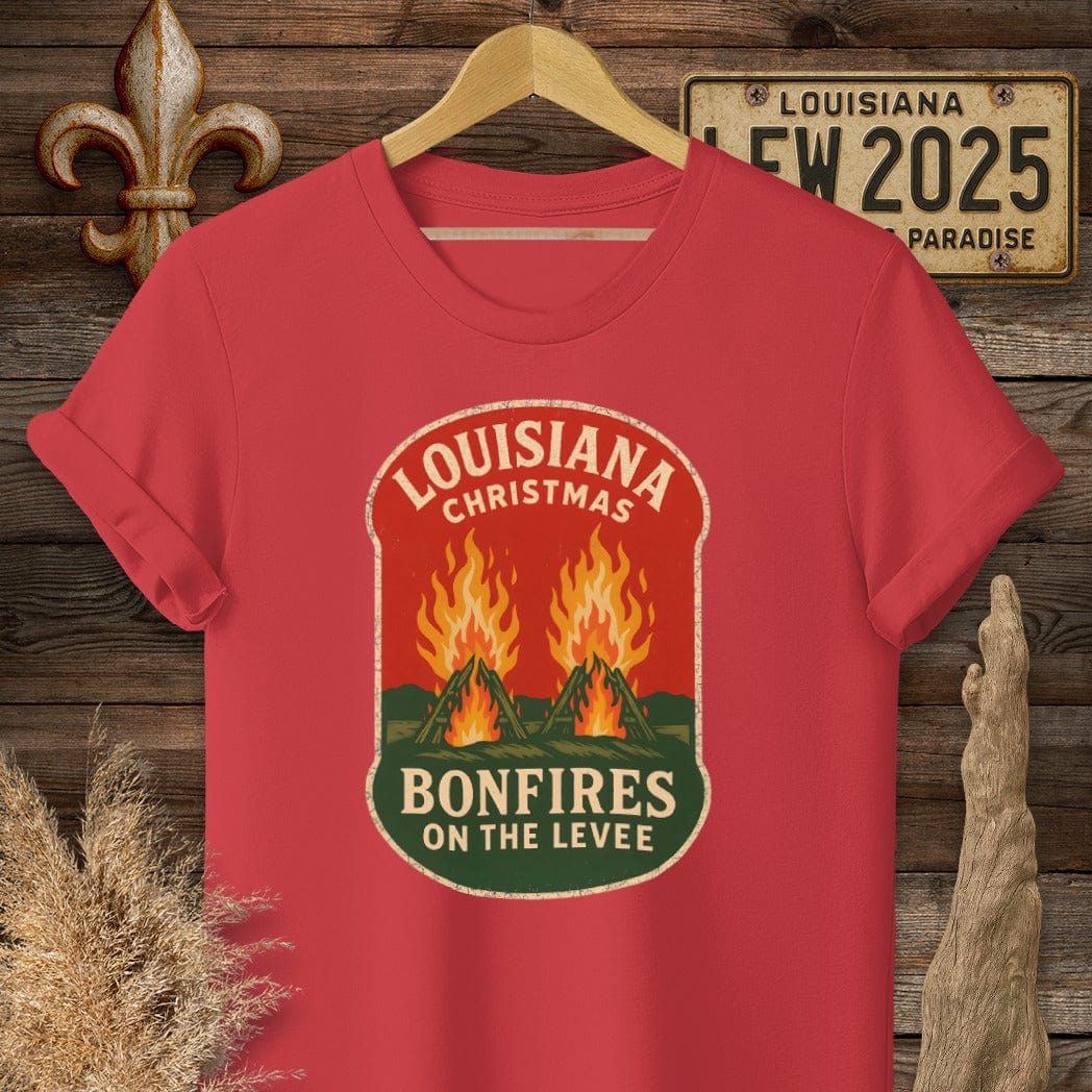 S / Red Louisiana Bonfires on the Levee Christmas T-Shirt by Laissez Faire Wear
