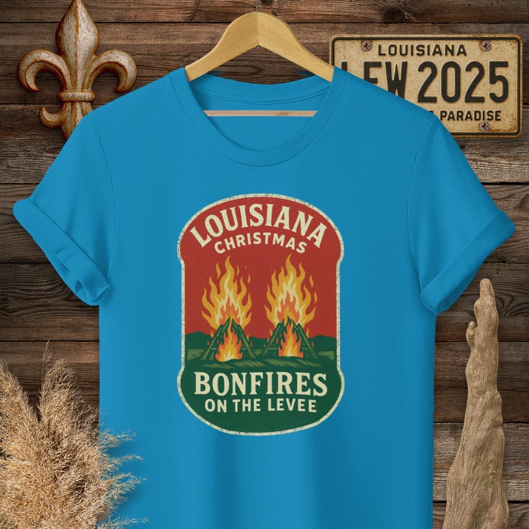 S / Sapphire Louisiana Bonfires on the Levee Christmas T-Shirt by Laissez Faire Wear