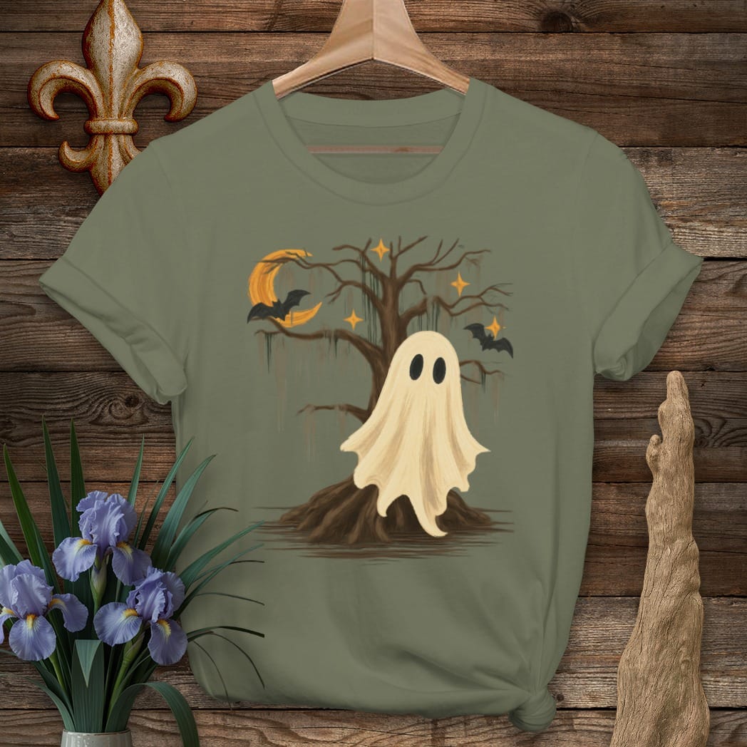 S / Military Green Louisiana Boodreaux the Friendly Ghost T-Shirt by Laissez Faire Wear