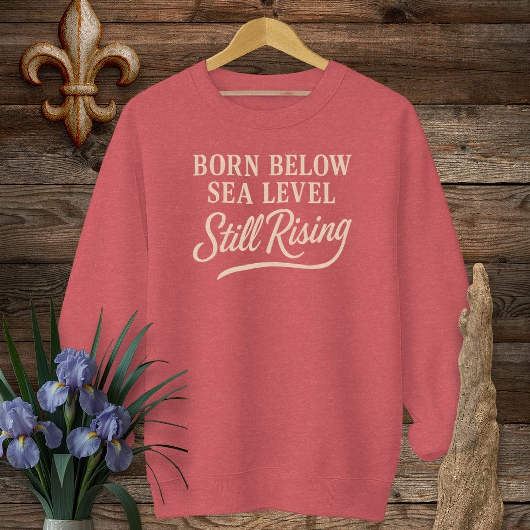 S / Heather Scarlet Red Louisiana Born Below Sea Level Sweatshirt by Laissez Faire Wear