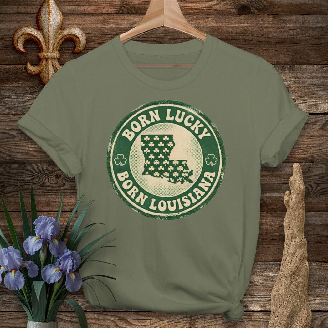 S / Military Green Louisiana Born Lucky T-Shirt by Laissez Faire Wear