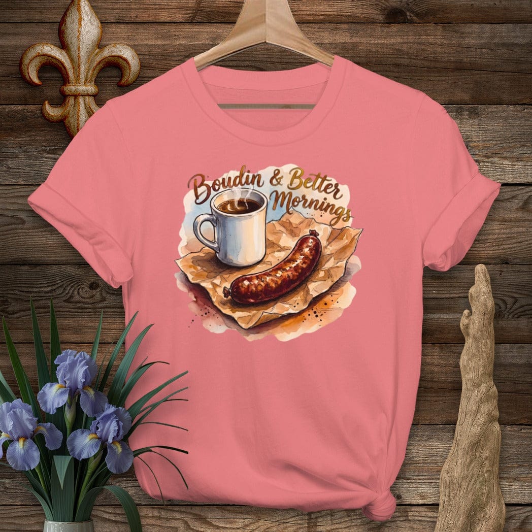 S / Coral Silk Louisiana Boudin & Better Mornings T-Shirt by Laissez Faire Wear