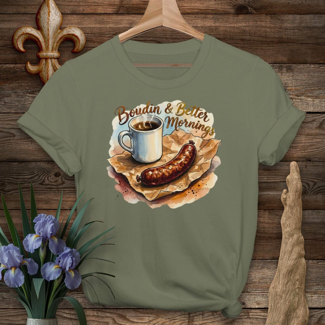 S / Military Green Louisiana Boudin & Better Mornings T-Shirt by Laissez Faire Wear