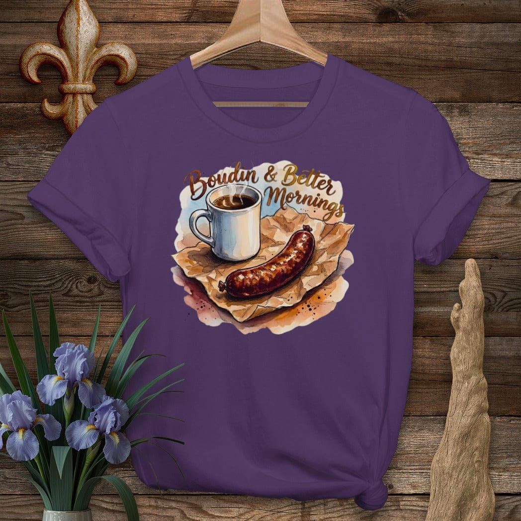 S / Purple Louisiana Boudin & Better Mornings T-Shirt by Laissez Faire Wear