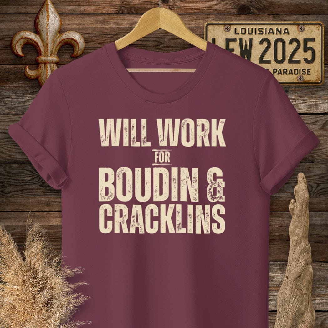 S / Maroon Louisiana Boudin & Cracklins T-Shirt by Laissez Faire Wear