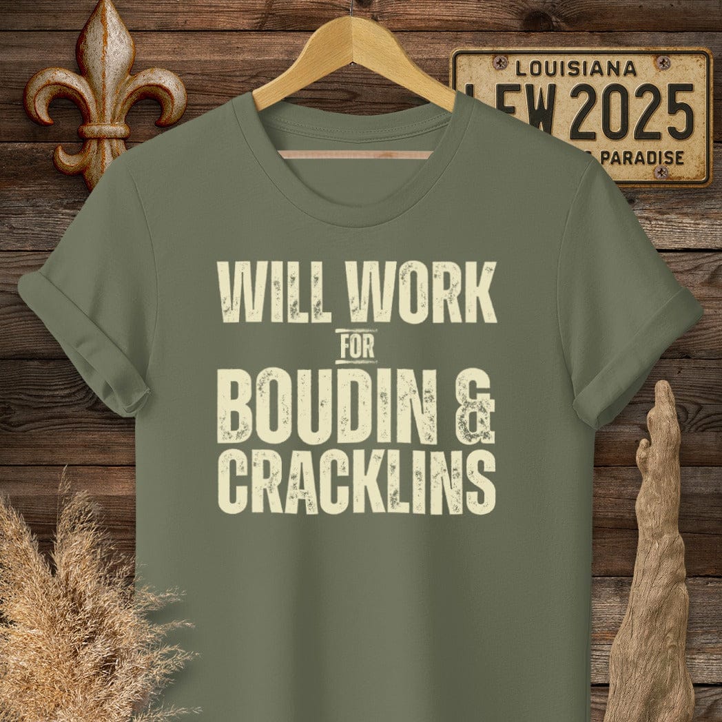 S / Military Green Louisiana Boudin & Cracklins T-Shirt by Laissez Faire Wear