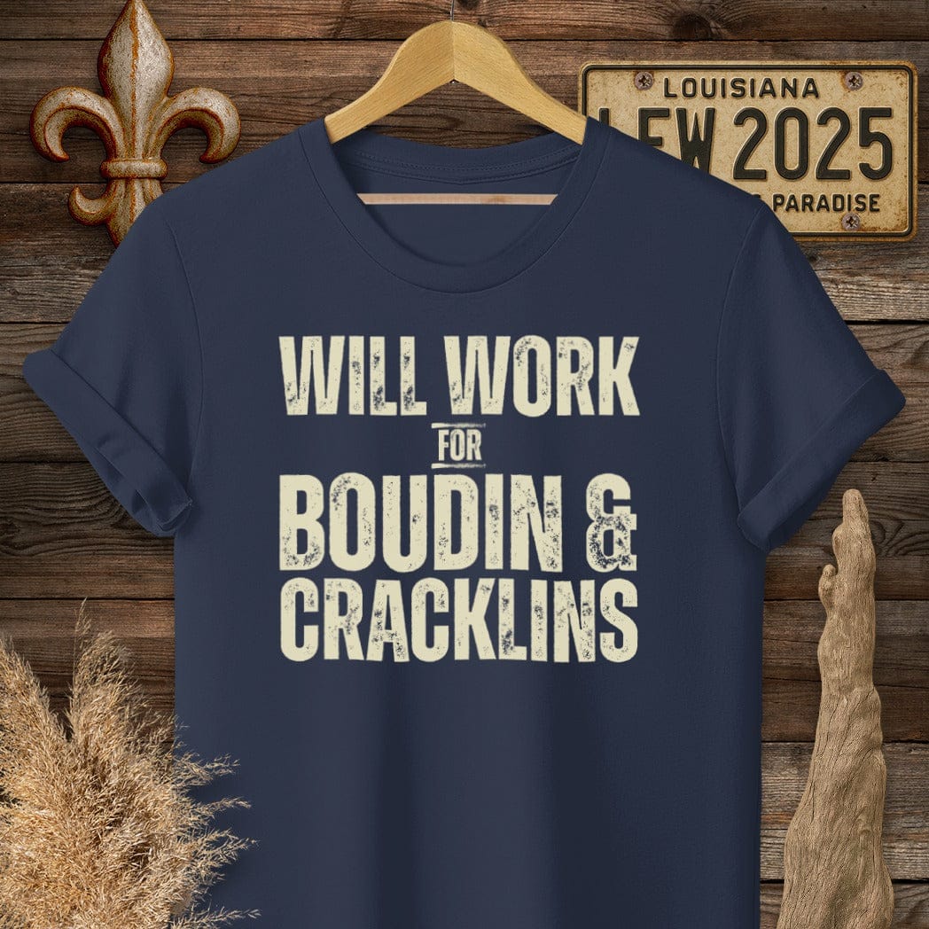 S / Navy Louisiana Boudin & Cracklins T-Shirt by Laissez Faire Wear