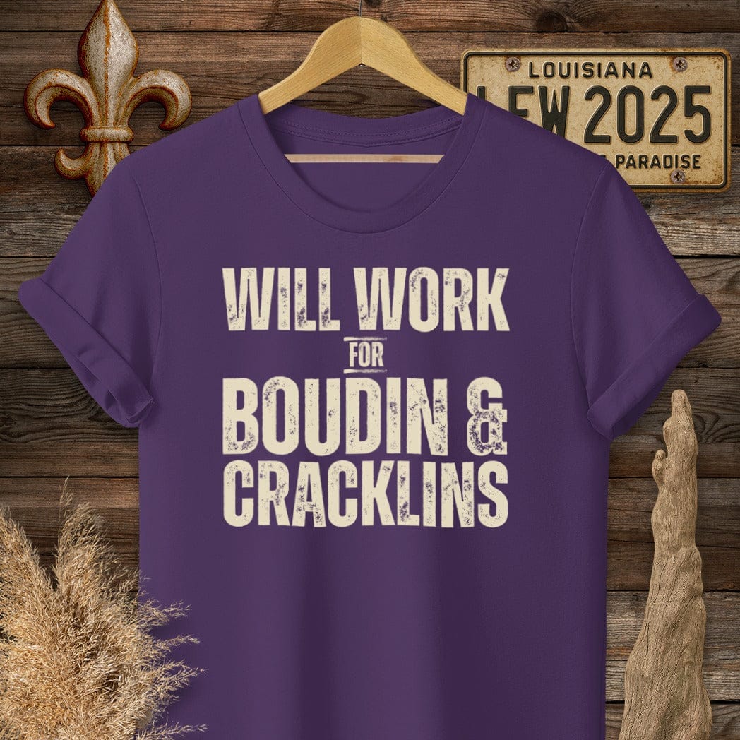 S / Purple Louisiana Boudin & Cracklins T-Shirt by Laissez Faire Wear