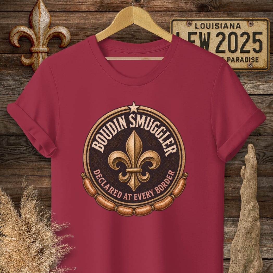 S / Cardinal Red Louisiana Boudin Smuggler T-Shirt by Laissez Faire Wear