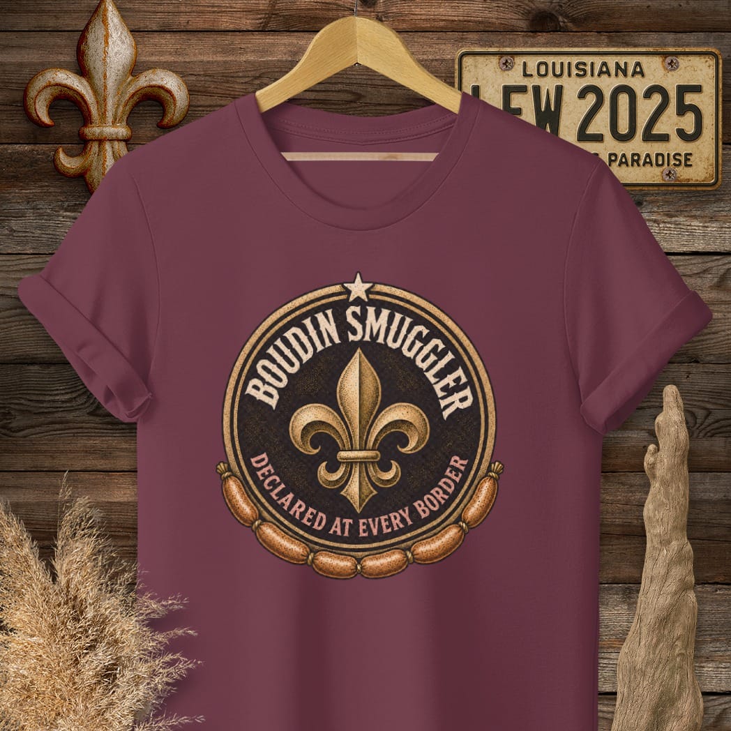 S / Maroon Louisiana Boudin Smuggler T-Shirt by Laissez Faire Wear