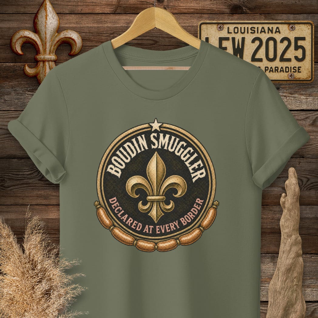 S / Military Green Louisiana Boudin Smuggler T-Shirt by Laissez Faire Wear