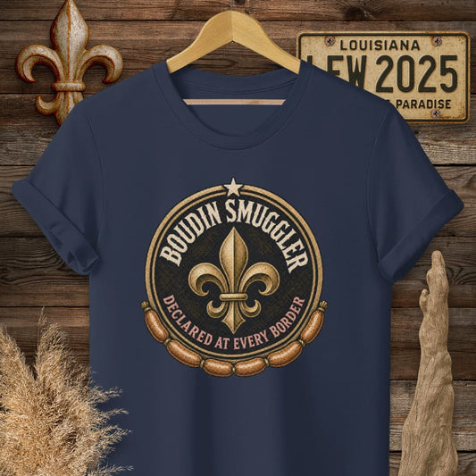 S / Navy Louisiana Boudin Smuggler T-Shirt by Laissez Faire Wear