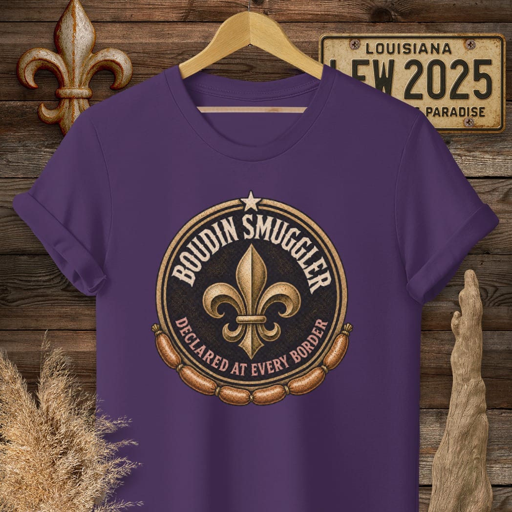 S / Purple Louisiana Boudin Smuggler T-Shirt by Laissez Faire Wear