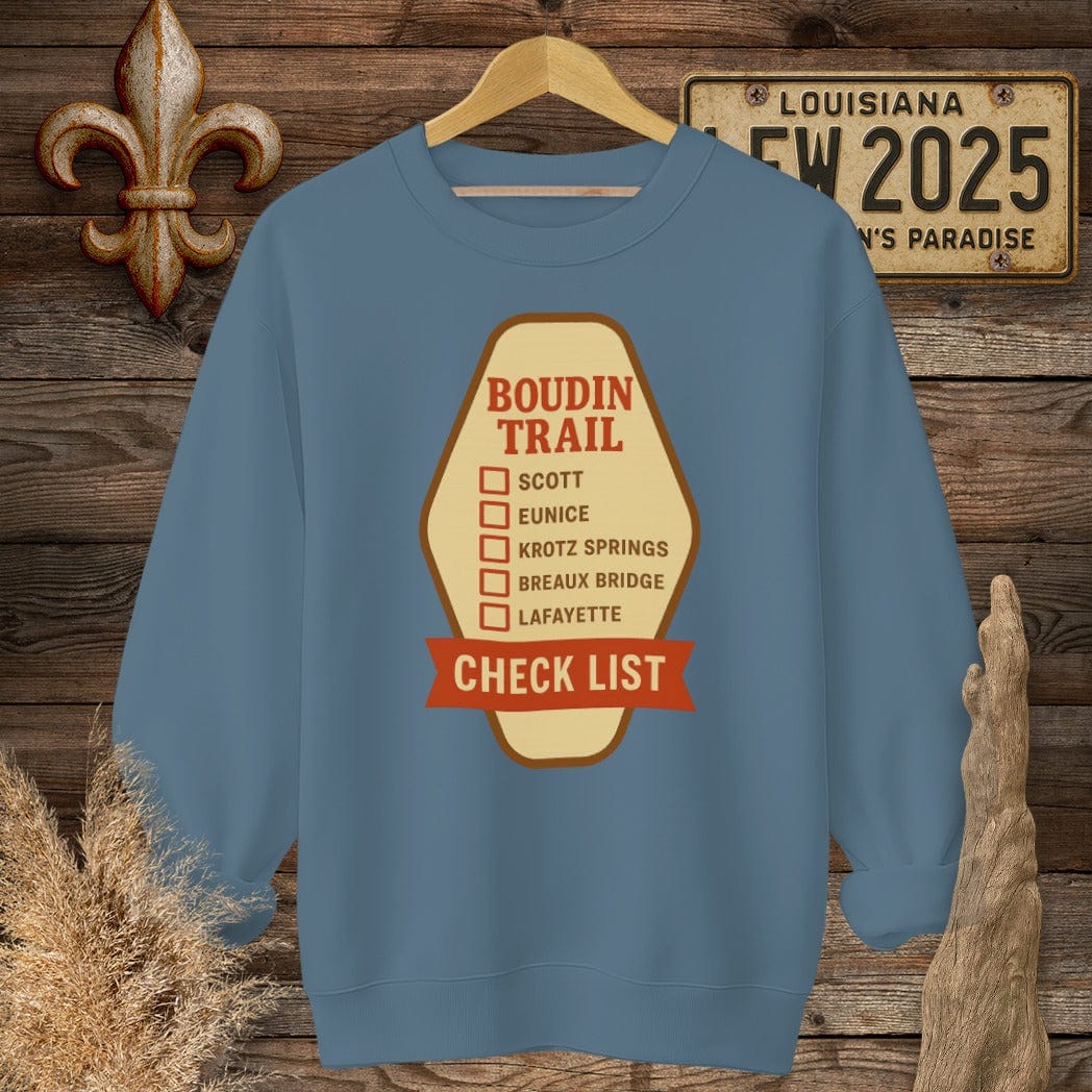 S / Indigo Blue Louisiana Boudin Trail Sweatshirt by Laissez Faire Wear