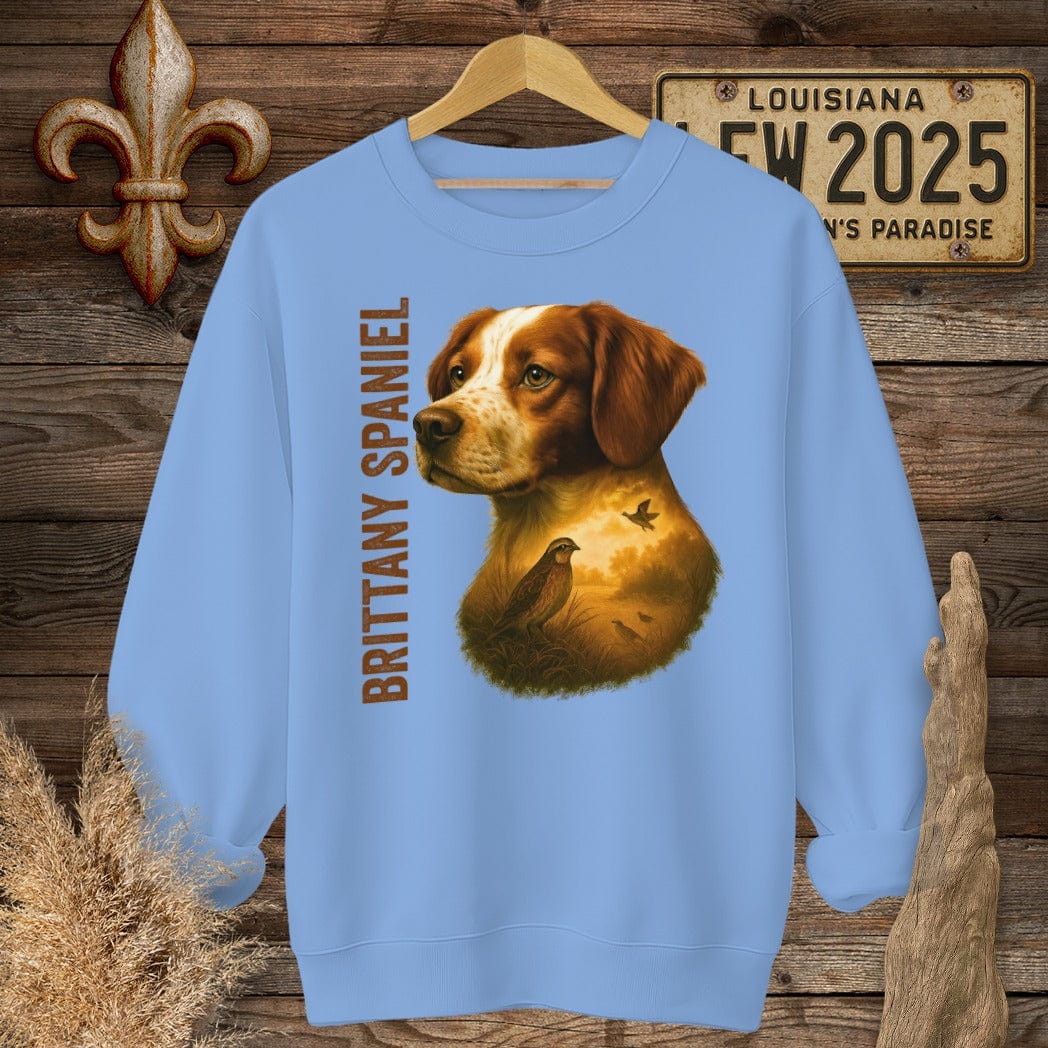 S / Carolina Blue Louisiana Brittany Spaniel Hunting Dog Sweatshirt by Laissez Faire Wear