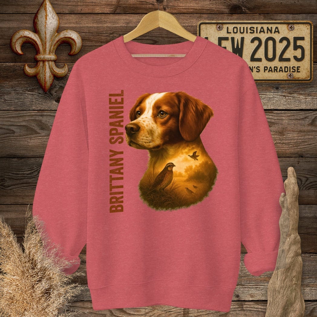 S / Heather Scarlet Red Louisiana Brittany Spaniel Hunting Dog Sweatshirt by Laissez Faire Wear