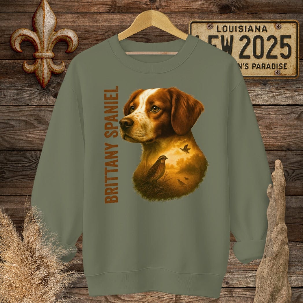 S / Military Green Louisiana Brittany Spaniel Hunting Dog Sweatshirt by Laissez Faire Wear