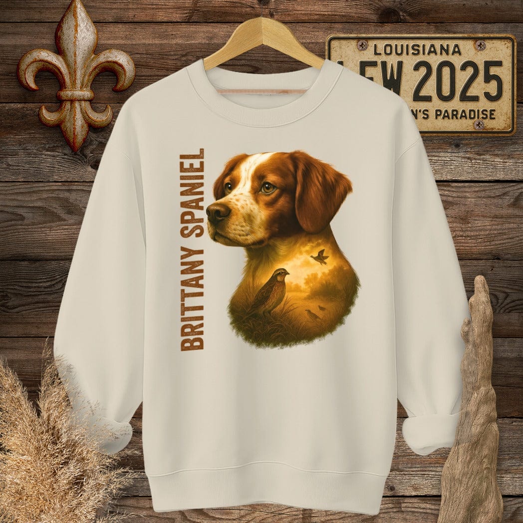 S / Sand Louisiana Brittany Spaniel Hunting Dog Sweatshirt by Laissez Faire Wear