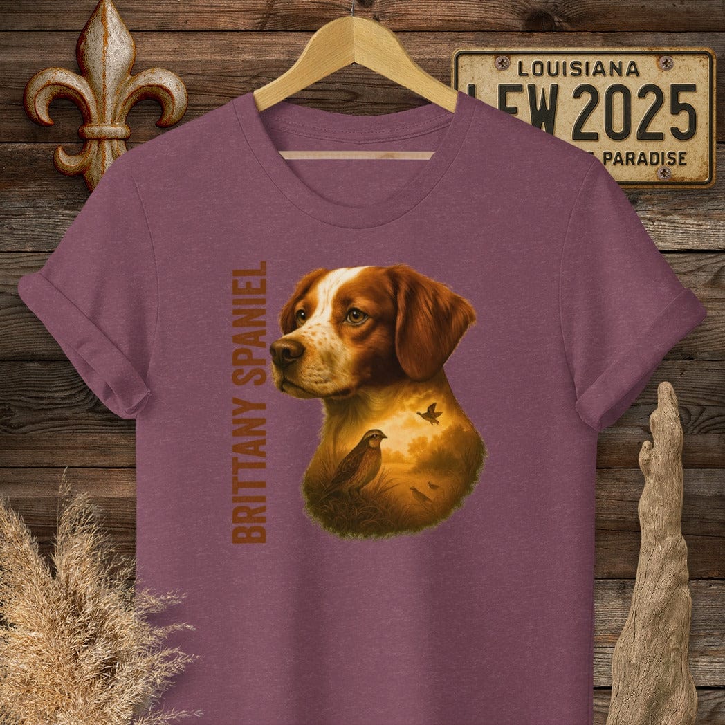 S / Heather Maroon Louisiana Brittany Spaniel Hunting Dog T-Shirt by Laissez Faire Wear