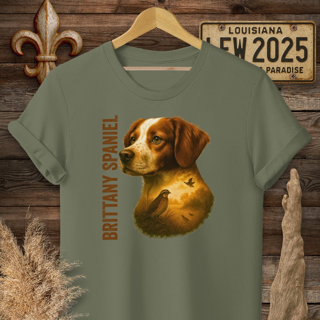 S / Military Green Louisiana Brittany Spaniel Hunting Dog T-Shirt by Laissez Faire Wear