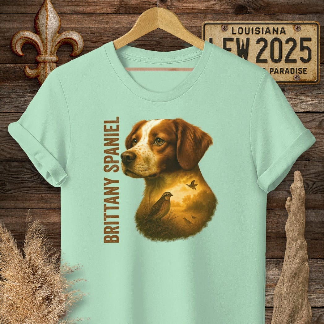 S / Mint Green Louisiana Brittany Spaniel Hunting Dog T-Shirt by Laissez Faire Wear