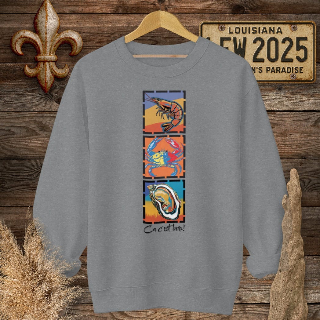 S / Graphite Heather Louisiana Ca c'est bon Seafood Pop Art Sweatshirt by Laissez Faire Wear