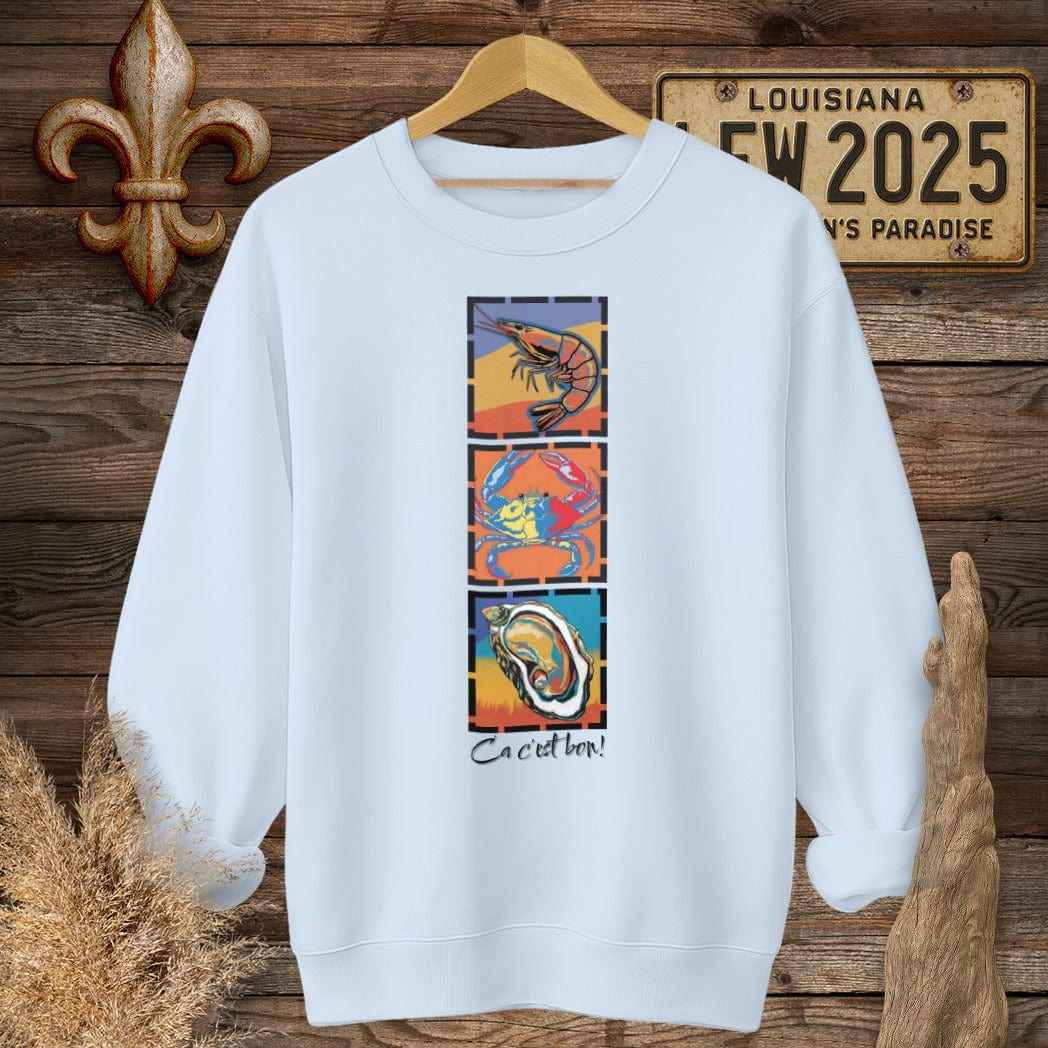S / Light Blue Louisiana Ca c'est bon Seafood Pop Art Sweatshirt by Laissez Faire Wear