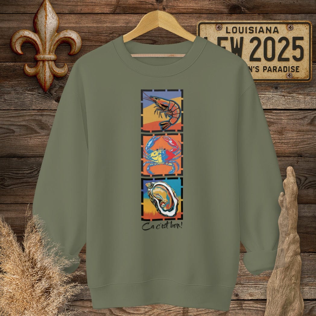 S / Military Green Louisiana Ca c'est bon Seafood Pop Art Sweatshirt by Laissez Faire Wear
