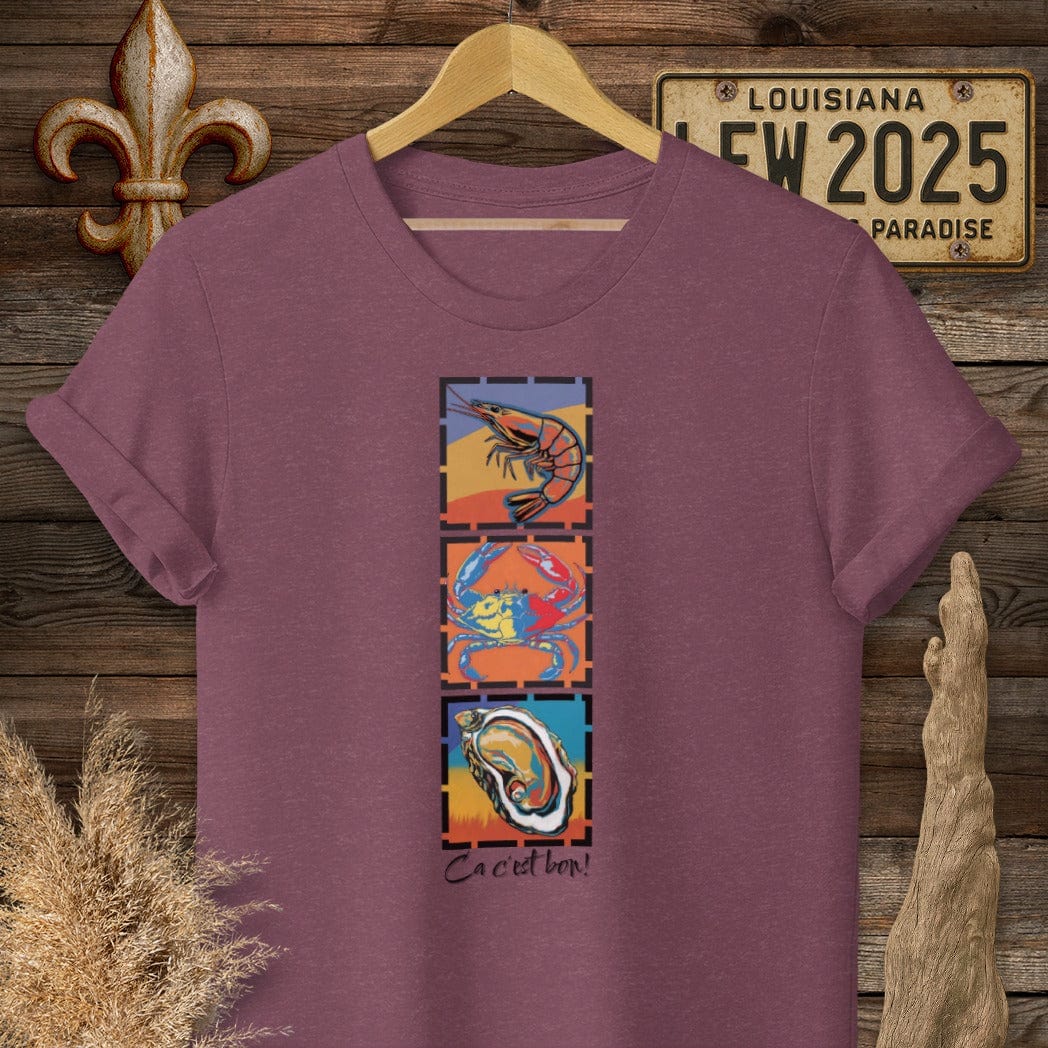 S / Heather Maroon Louisiana Ca c'est bon Seafood Pop Art T-Shirt by Laissez Faire Wear