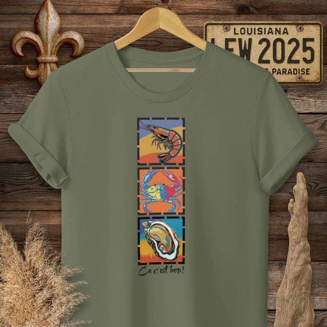 S / Military Green Louisiana Ca c'est bon Seafood Pop Art T-Shirt by Laissez Faire Wear