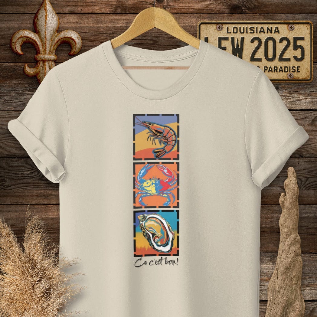 S / Sand Louisiana Ca c'est bon Seafood Pop Art T-Shirt by Laissez Faire Wear