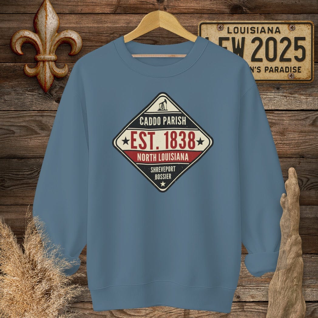 S / Indigo Blue Louisiana Caddo Parish Sweatshirt by Laissez Faire Wear