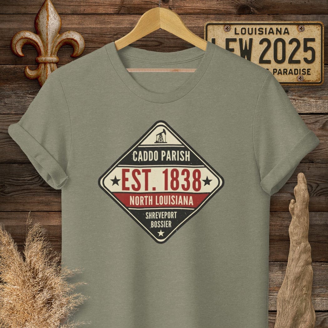 S / Heather Military Green Louisiana Caddo Parish T-Shirt by Laissez Faire Wear
