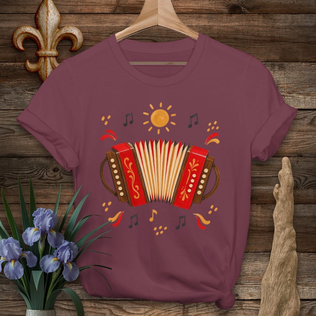 S / Maroon Louisiana Cajun Accordion T-Shirt by Laissez Faire Wear