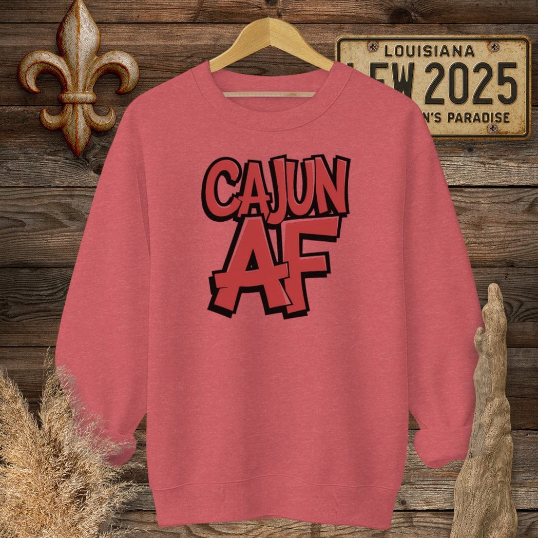 S / Heather Scarlet Red Louisiana Cajun AF Funny Sweatshirt by Laissez Faire Wear