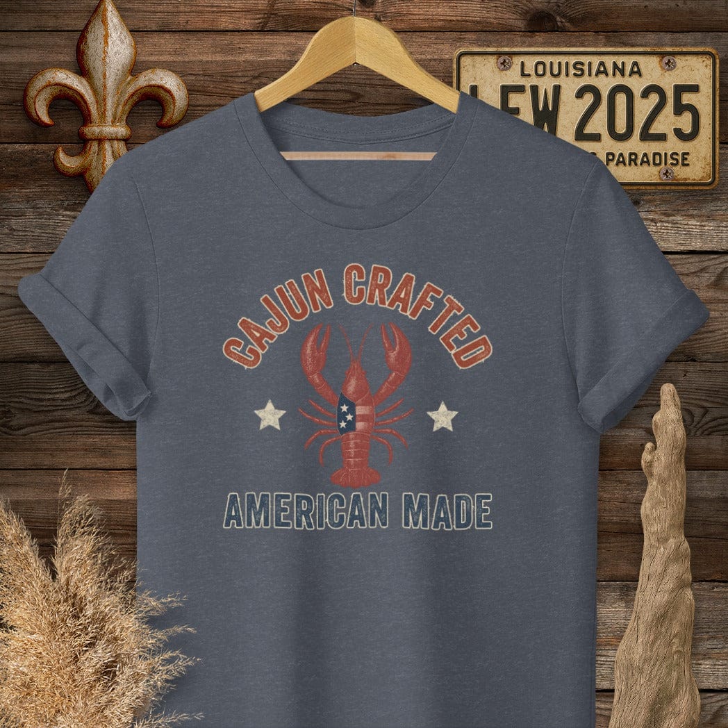 S / Heather Navy Louisiana Cajun Crafted, American Made Patriotic T-Shirt by Laissez Faire Wear