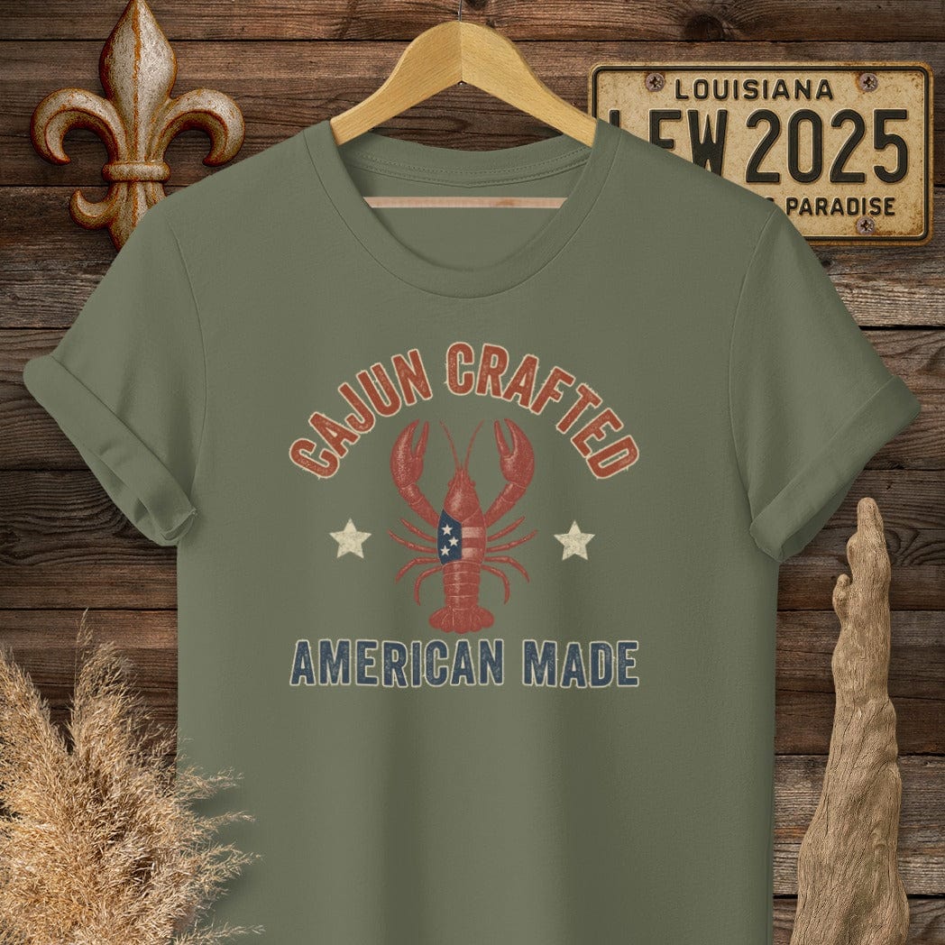 S / Military Green Louisiana Cajun Crafted, American Made Patriotic T-Shirt by Laissez Faire Wear