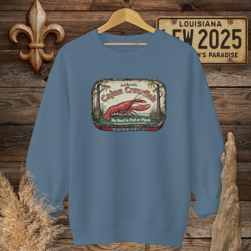 S / Indigo Blue Louisiana Cajun Crawfish Tin sweatshirt by Laissez Faire Wear