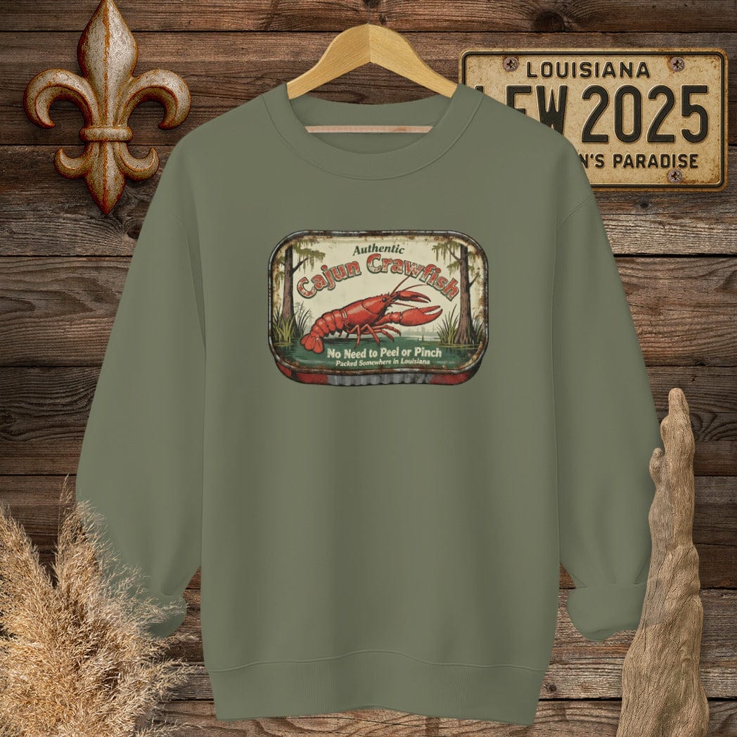 S / Military Green Louisiana Cajun Crawfish Tin sweatshirt by Laissez Faire Wear