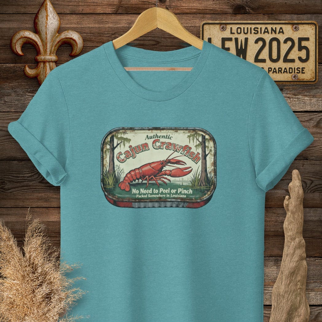 S / Heather Galapagos Blue Louisiana Cajun Crawfish Tin T-Shirt by Laissez Faire Wear