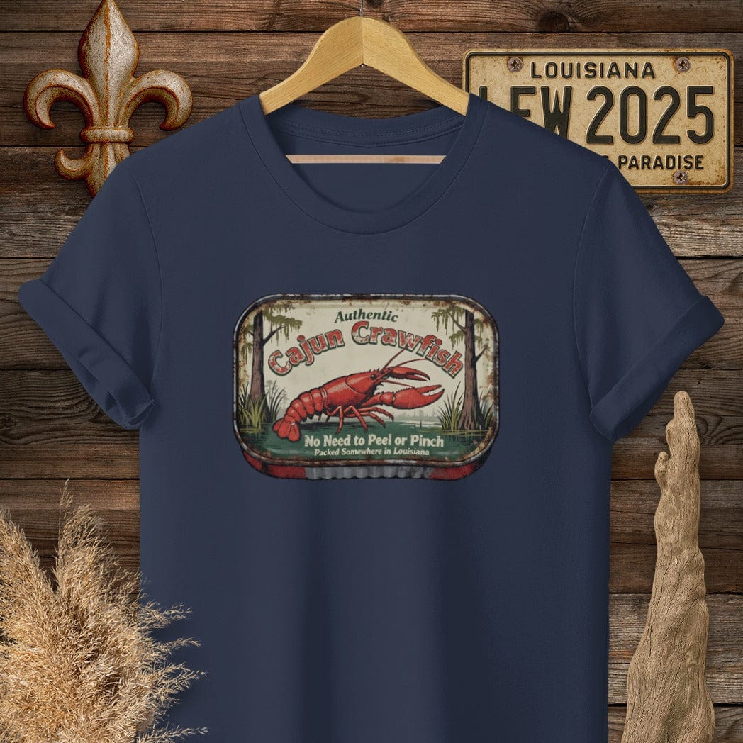 S / Navy Louisiana Cajun Crawfish Tin T-Shirt by Laissez Faire Wear
