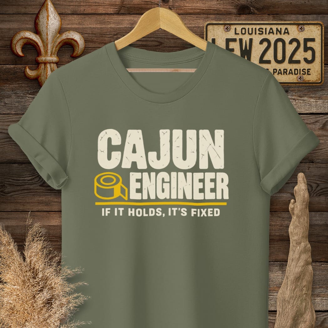 S / Military Green Louisiana Cajun Engineer T-Shirt by Laissez Faire Wear