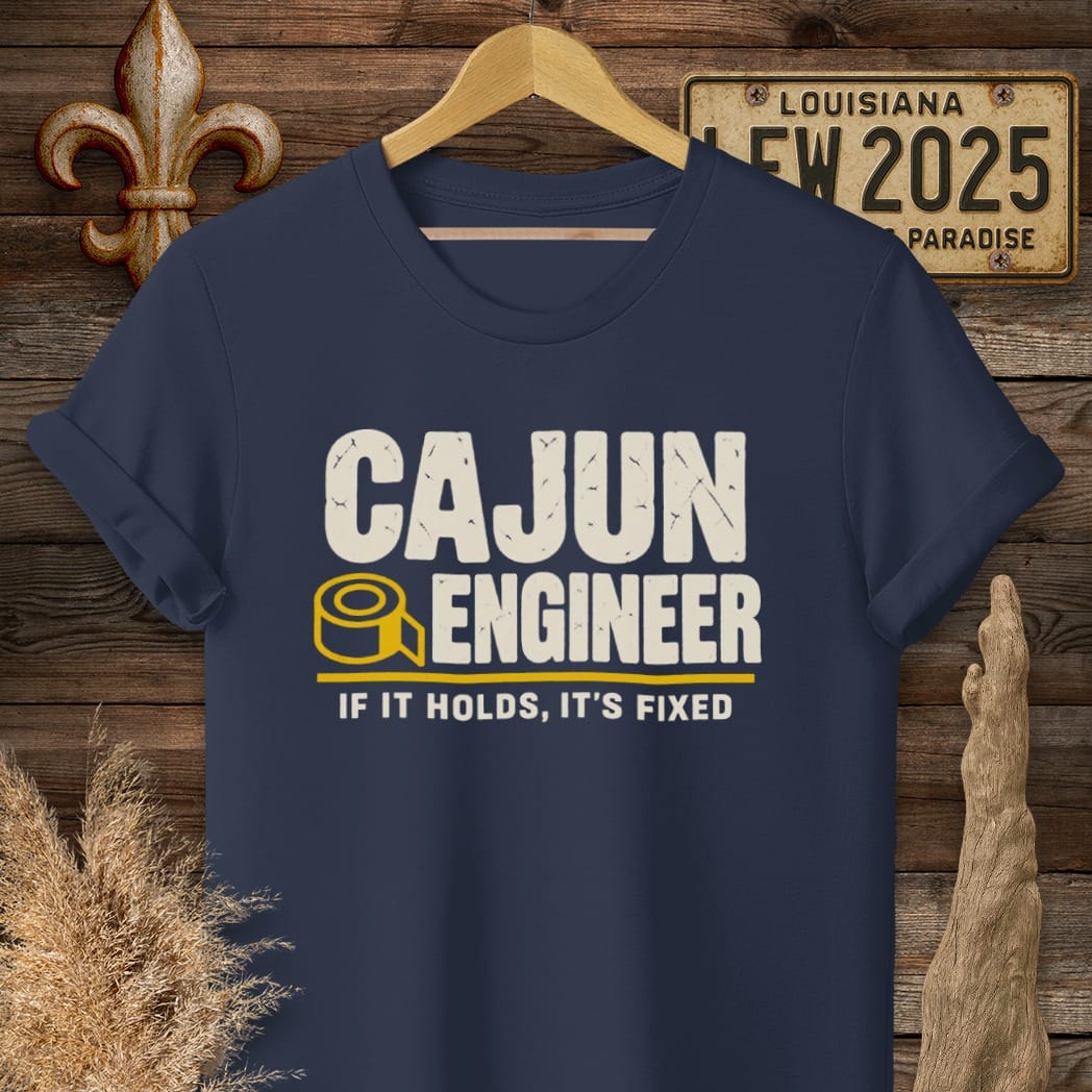 S / Navy Louisiana Cajun Engineer T-Shirt by Laissez Faire Wear