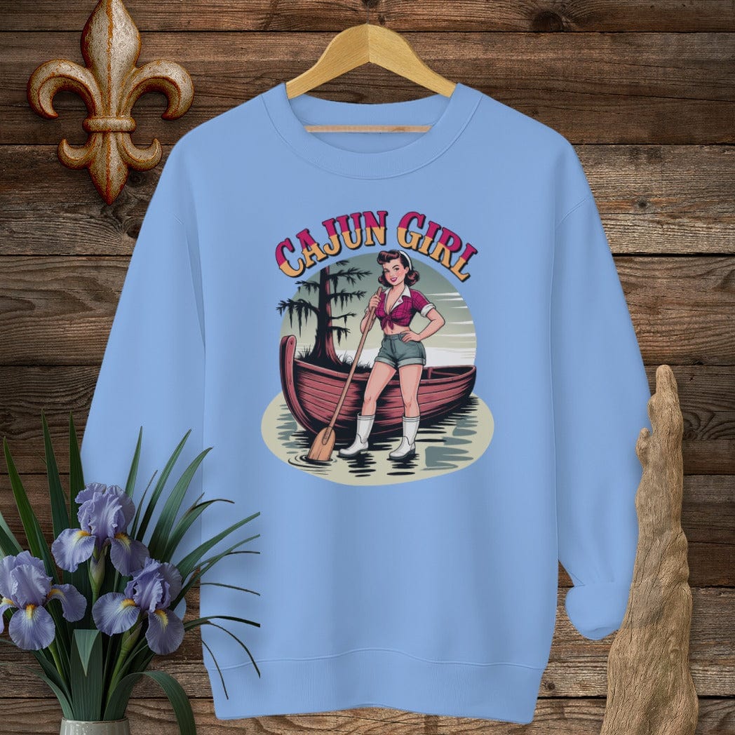 S / Carolina Blue Louisiana Cajun Girl Pinup Sweatshirt by Laissez Faire Wear