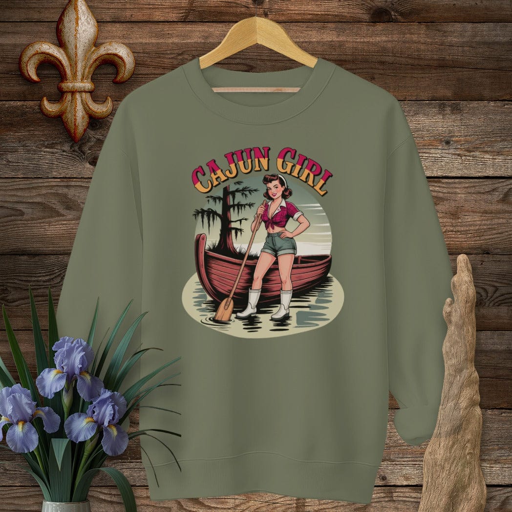 S / Military Green Louisiana Cajun Girl Pinup Sweatshirt by Laissez Faire Wear