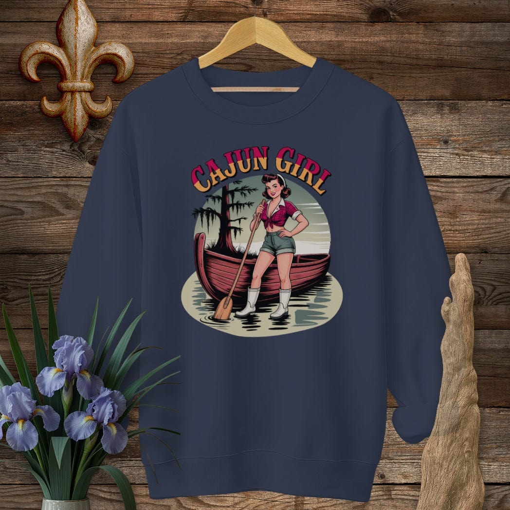 S / Navy Louisiana Cajun Girl Pinup Sweatshirt by Laissez Faire Wear