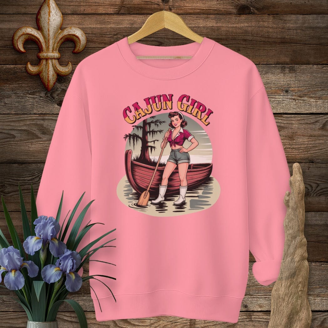 S / Safety Pink Louisiana Cajun Girl Pinup Sweatshirt by Laissez Faire Wear